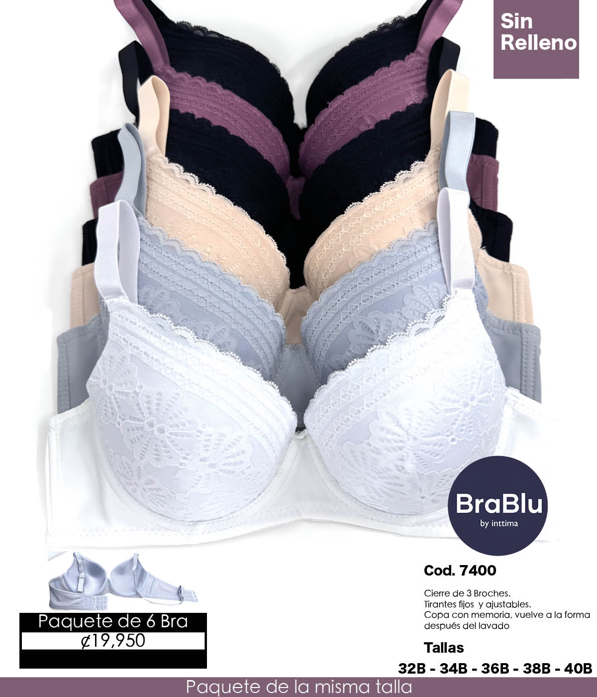Paquete de 6 Bra Código 7400