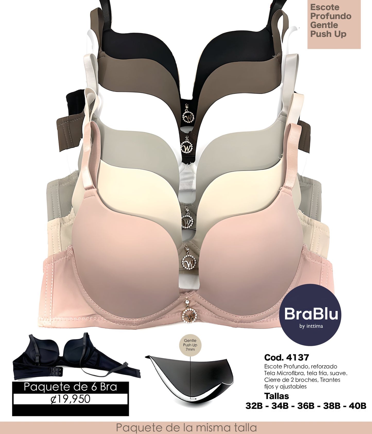 Paquete de 6 Bra Código 4137 Gentle push up Escote profundo